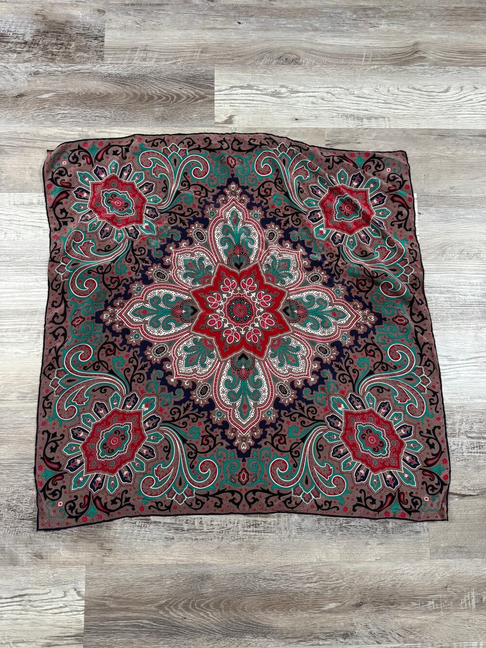 Vintage 90s Paisley Square Scarf Red Teal Floral Boho Hair Head Wrap Bandana